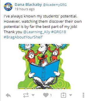 Learning_Ally's tweet photo. AWESOME tweet by Texas #teacher, Dana Blackaby. We love hearing about your successes. Keep them coming! https://t.co/7vAHNa3LHf #SXSWedu #ASCD2018 https://t.co/cMe7LIyRvW