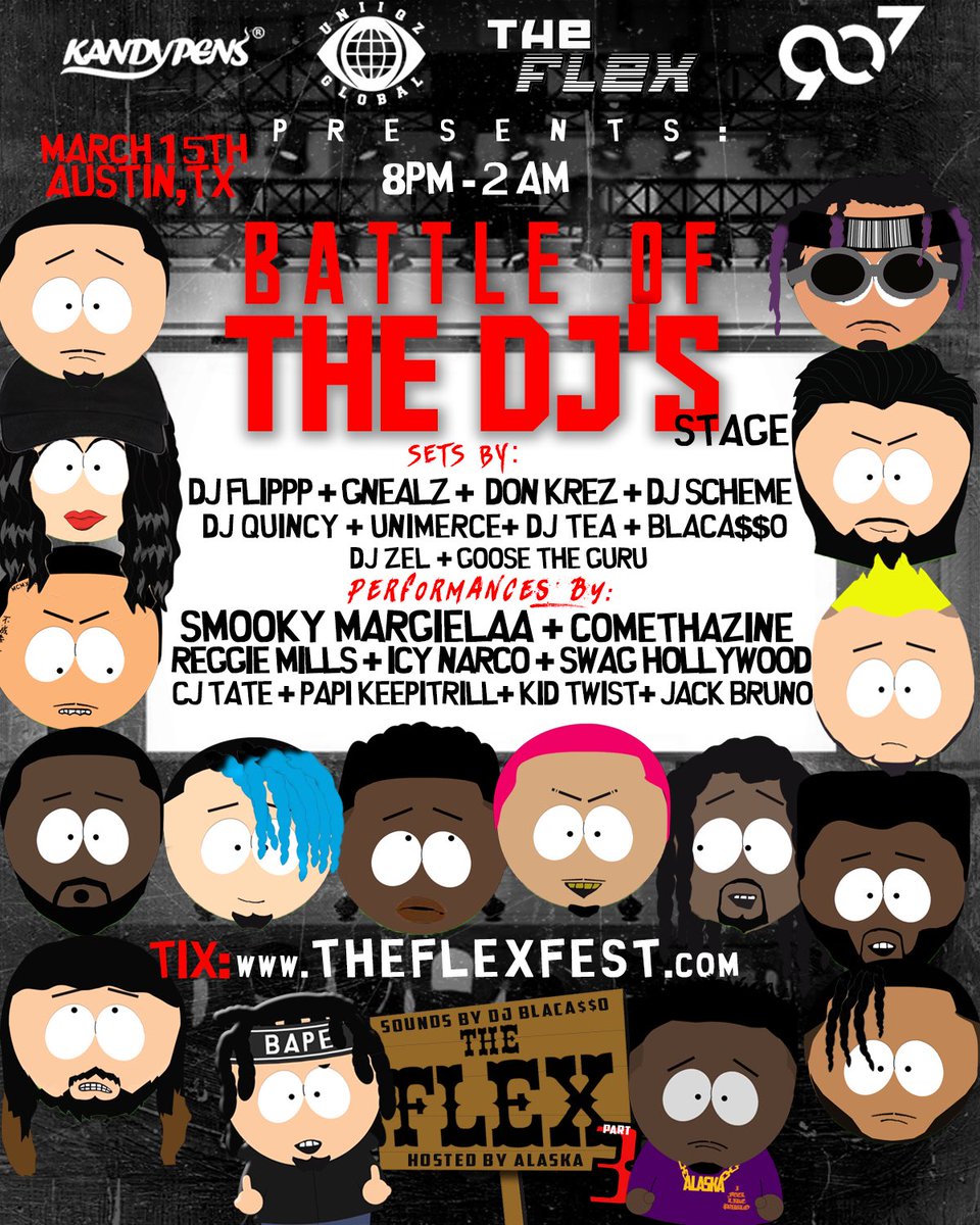 theflexfest's tweet photo. Thursday March 15th #BattleOfTheDjs #Sxsflex concert &amp; party 8pm - 2am! Special Guest DJ Sets by @DjFlippp @Gnealz @DJSCHEME_  @DonKrez_  @MillsReggie @IcyNarco @SMOOKYMARGIELAA @zel_ent ent &amp; more!
Tickets: 🎛🎛🎛🎛🎛
🎪🎟 https://t.co/qxMD5MVZba 🎟🎪 https://t.co/qYbjM17SR4