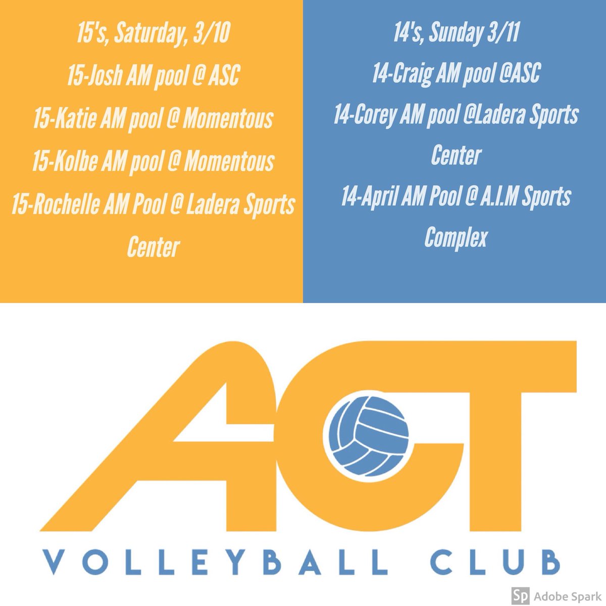 ACTvolleyball's tweet photo. Good luck 14’s and 15’s this weekend! https://t.co/FjSG2Xdz3H
