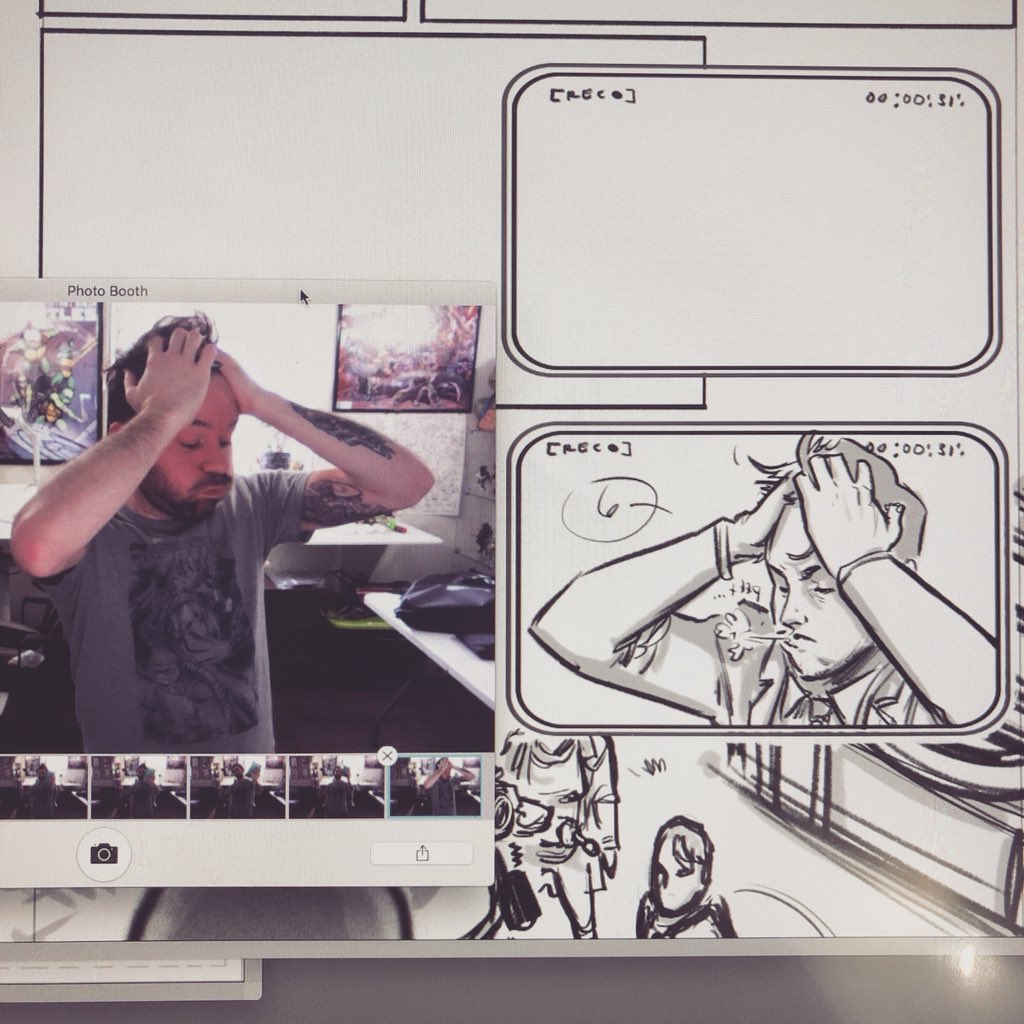 BISHART's tweet photo. Funny photo reference of myself as @ShaneBookman - what do you think he’s saying here? #drawingbloodcomic #crowdfunding #makecomics #process #sketch #@DAvallone @kevineastman86 https://t.co/FDGFIMAkm8