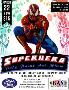 OrlandoDateNite's tweet photo. March 22: @BaseOrlando Superhero Body Paint Art Show at Ferg's Depot with live painting, belly dancing, a runway show and food + drink specials https://t.co/iNnf7mpsjZ https://t.co/tWeIau6IGo