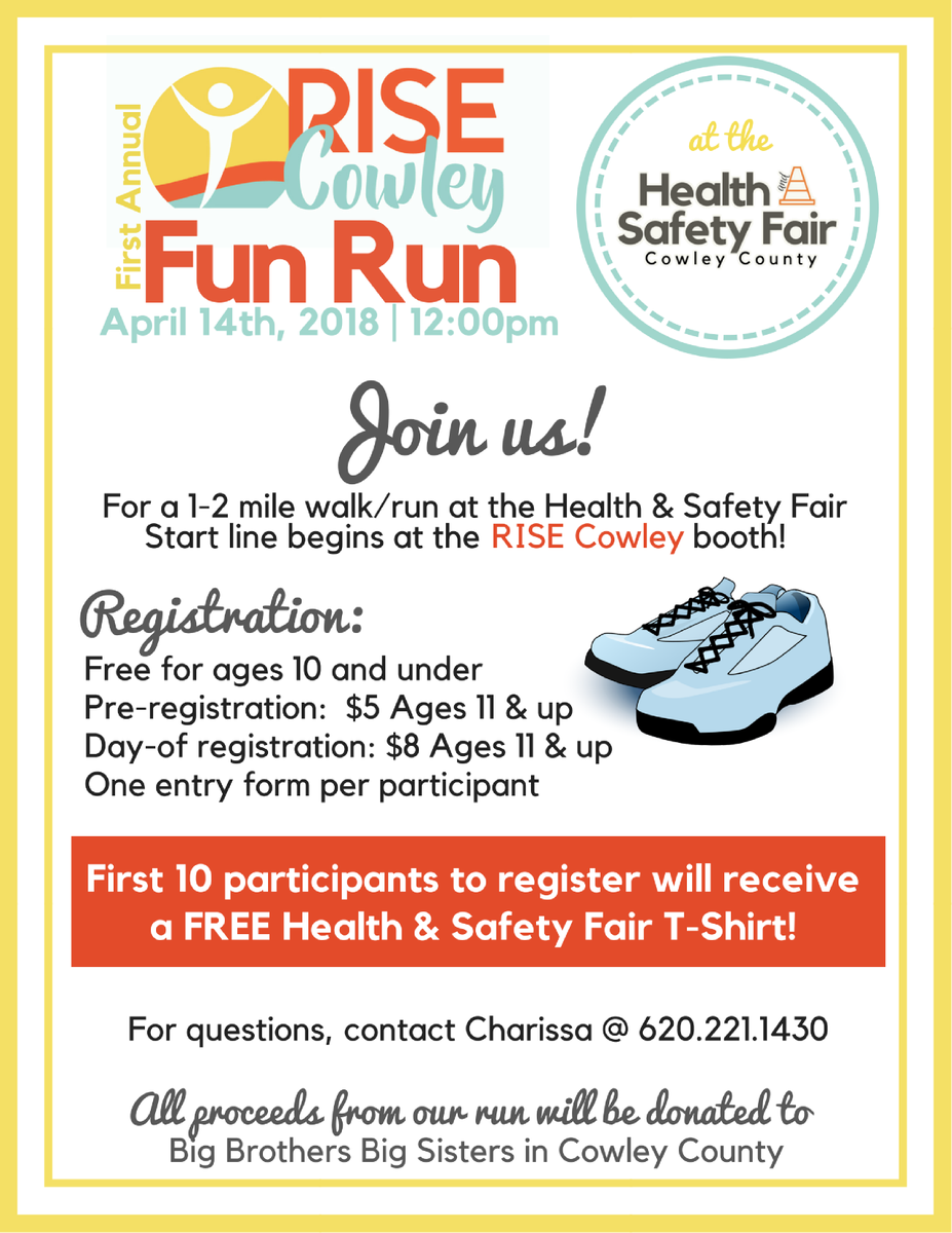 RiseCowley's tweet photo. Join us at the Health &amp; Safety Fair, sponsored by @1025TheRiver, for our RISE Cowley Fun Run!  Regsitration forms can be found at both Health Dept. locations and on the RISE Cowley Facebook page.  This is a kid friendly walk/run. So bring the whole family! Refreshments provided🥤 https://t.co/izZFwQvYCq