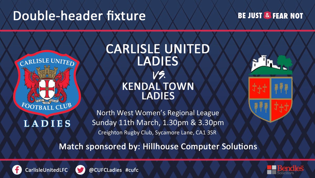 🗓 | Twice the action this Sunday as we welcome <a href="/KendalLadiesFC/">KendalTownLadiesFC</a> for the first double-header of the season from 1.30pm. A big thank you to this weekend's match sponsor, Hillhouse Computer Solutions. #cufc