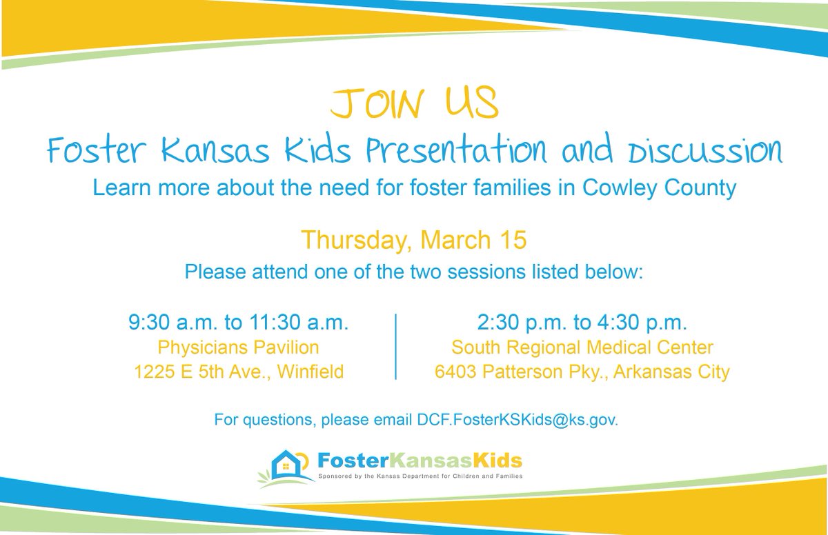 RiseCowley's tweet photo. Want to learn more about the need for foster families in Cowley County? Both Winfield and Arkansas City have an opportunity to hear about this vitally important issue in Cowley County. We hope to see you there! #togetherweRISE #fostercare #cowleycounty #cowleyhealth #RISECowley https://t.co/OWoY3WAqp7