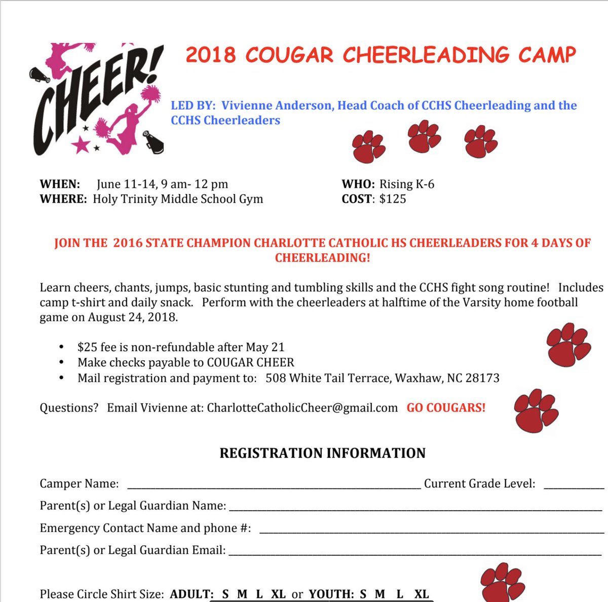 Join the Charlotte Catholic High School Cheerleaders at our Summer Cougar Cheer Camp! Dates: June 11-14. 9am-Noon. Registration information here charlottecatholic.org/Page/543