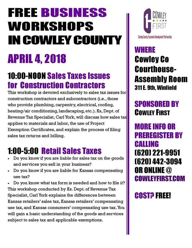 RiseCowley's tweet photo. Cowley First-Cowley County Economic Development will be hosting two FREE business and contractor’s tax workshops on April 4, 2018. The guest speaker will address topics benefiting local businesses, large and small. #cowleycounty #togetherweRISE https://t.co/CBZMDIHTcZ