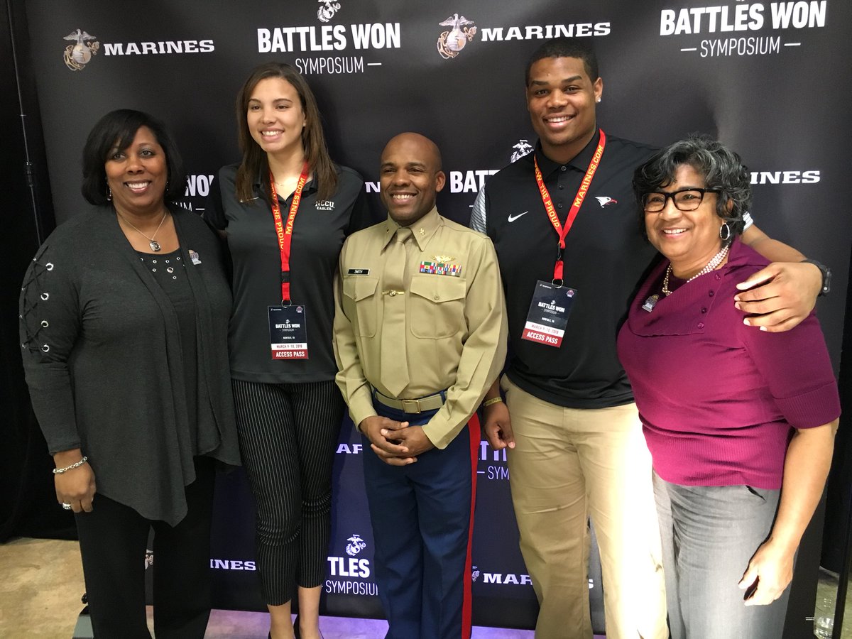 NCCUAthletics's tweet photo. Student-athletes Whitney White &amp; Nick Leverett representing #NCCU at @MEACSports / @USMarineCorps “Battles Won” reception. #USMCLeadership #EaglePride https://t.co/gFMlA50U74