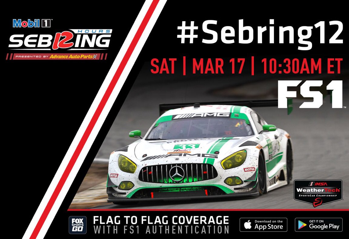 #LetsGo to @sebringraceway! The @IMSA #WeatherTechChampionship is back on track for the #Sebring12 on Saturday, March 17. Watch live on FS1 at 10:30 am ET. https://t.co/wT6gBnVeD0