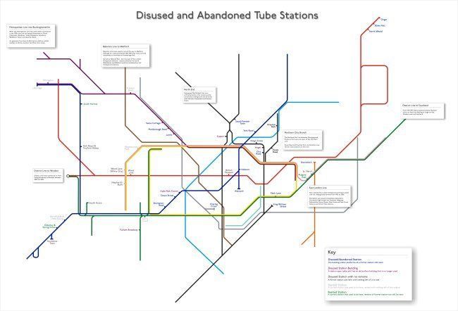 Londonist's tweet image. All of London's ghost stations, on a map: bit.ly/2ob4y6R