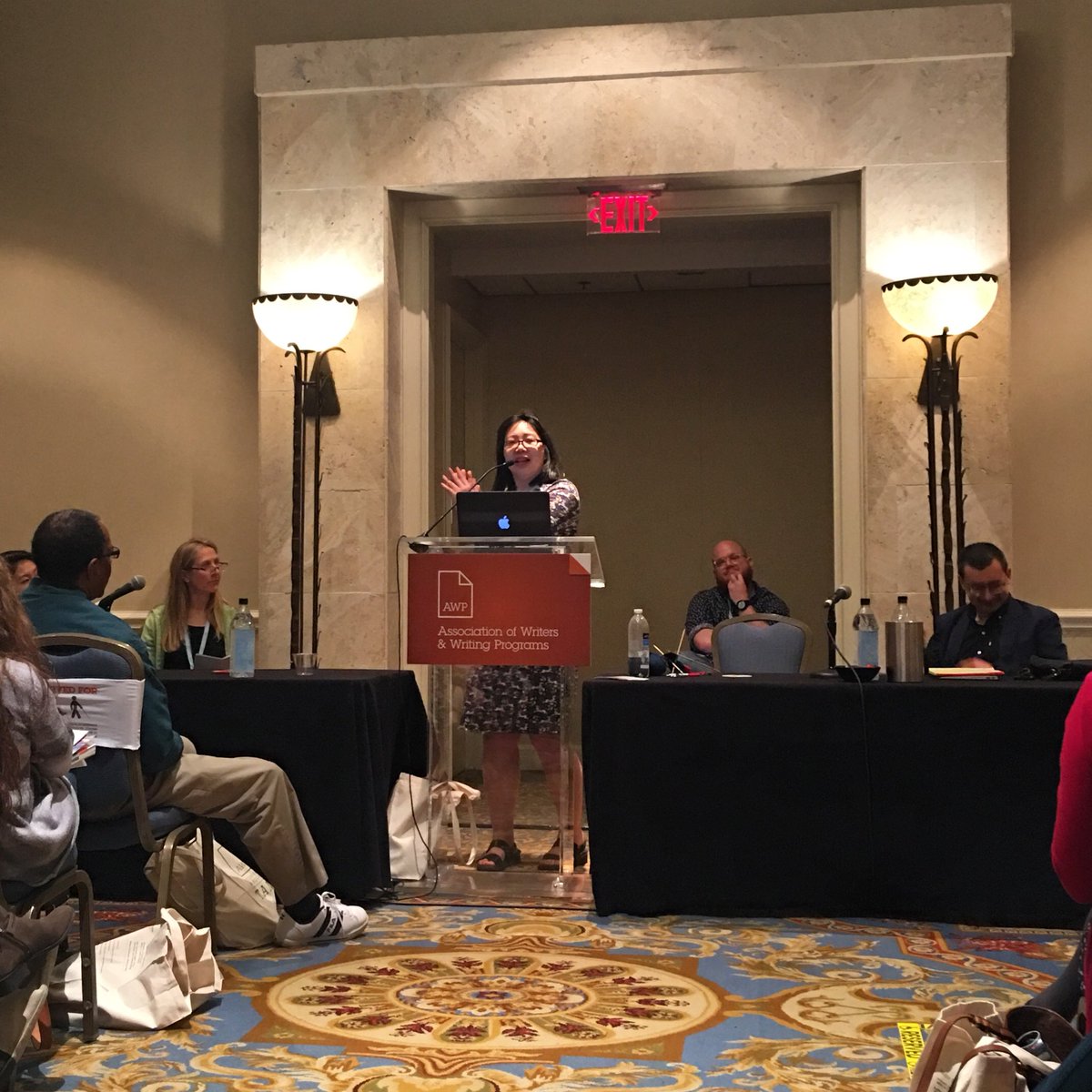 sackettstreet's tweet photo. So inspiring to hear #LanSamanthaChang director of @iowawriterswksp talk about how she completely rewrote the end of her first novel 7 times. @awpwriter panel on #novelwriting #novelstructure #awp18 https://t.co/2kiicMPgyu