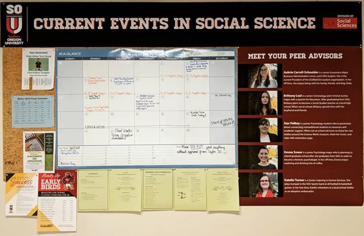 SOU_SocialSci's tweet photo. Hey Raiders! The Division of Social Sciences has a new way of keeping you updated! Go take a look at our Current Events Bulletin Board located in Taylor Hall outside of Room 101! It is updated periodically by the Student Success Peer Advisors! Let Us Know What You Think! https://t.co/GYz9miCPe1
