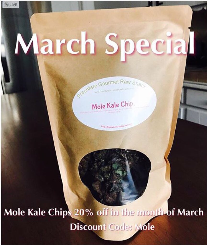 freshfaresnacks's tweet photo. March Special!!! The Mole Kale Chip 20% off #Freshfare #Raw #vegan #rawvegan #rawfood #RawSnacks #veganfood #vegetarian #vegetarianfood #Snacks #food #foodporn #healthy #healthysnack #plantbased #veganism #stacyessnacks #healthyeating #rawfoodshare #livingfood #WholeFoods https://t.co/GjNupLK0nT