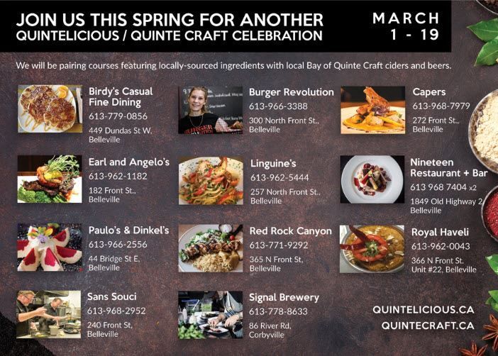 The <a href="/quinte_licious/">QuinteLicious</a> Quinte Craft March 1-19.  Try 11 restaurants who are pairing great good with local <a href="/quintecraft/">Bay Of Quinte Craft</a> and Cider!  buff.ly/2oXpUaV #BayofQuinte #Belleville #craftbeer #QuinteCraft #Quintelicious