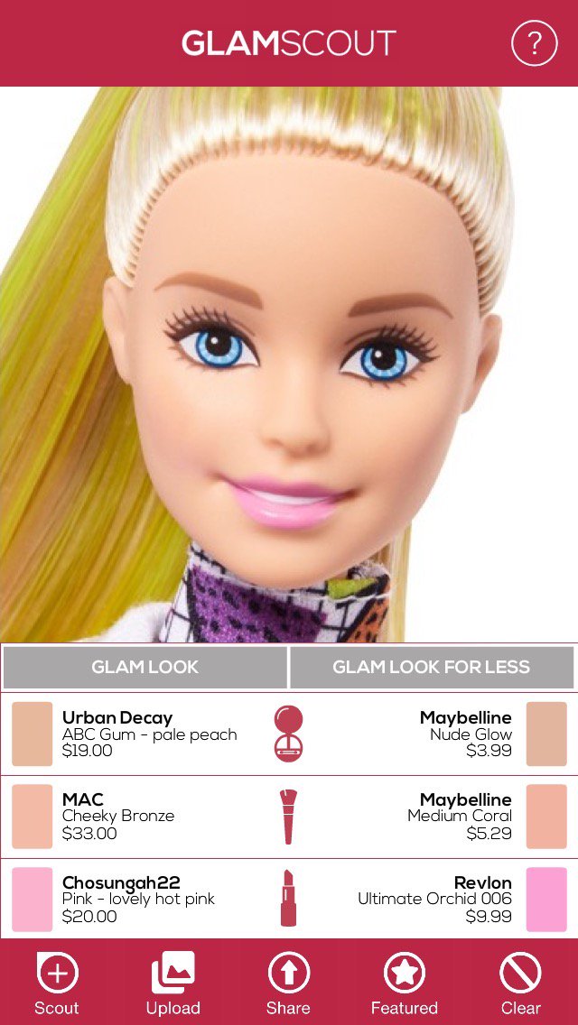 GlamScout's tweet photo. A little #Barbie #beautyinspo! #NationalBarbieDay #BarbieDay #GlamScout #AugmentedReality #tgif #Getthelook #getthelookforless #eyeshadow #lipstick #blush #visualsearch #wearyourinspiration #beauty #makeover #MobileApp #tech #ARshopping #BarbieDoll #FaceCake https://t.co/JkNF44nPVp