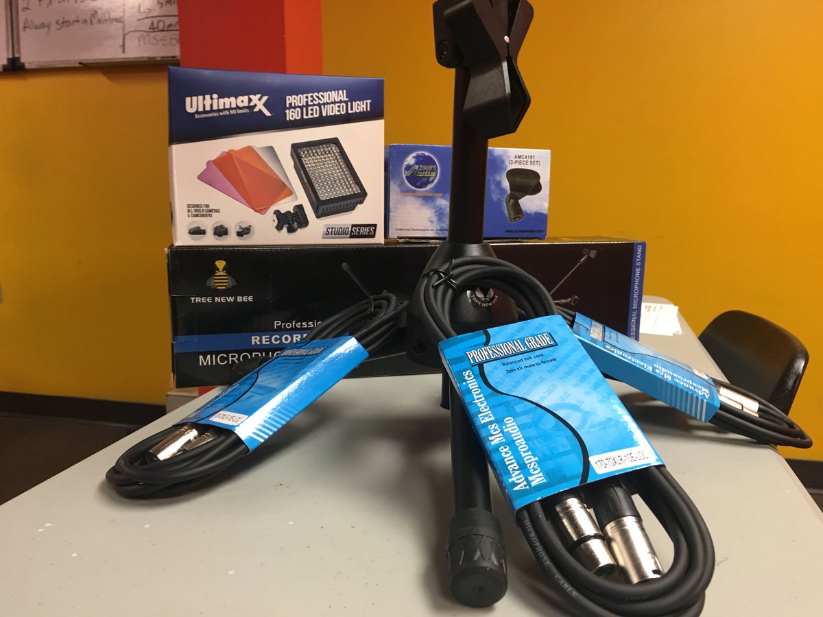 OhioMediaSchool's tweet photo. Unboxing new equipment is like Christmas morning!! The #Cincinnati campus got new #XLR cables, 2 new #MicStands, a #BoomPole and #MicClips! Can you say Studio makeover?! #WednesdayWisdom #BeOnAir #OMSSuccess #Radio #Podcast #Audio #AudioProduction #Concert #Music #Microhpones https://t.co/GnrBmQjDPD