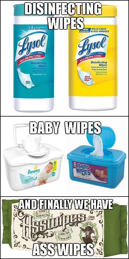 KevinHaRock's tweet photo. "Disinfecting Wipes... Baby Wipes... And finally we have ASS WIPES!" #Memes #RT #Likes #wipes #disinfectingwipes #babywipes https://t.co/kshP0rnQ74