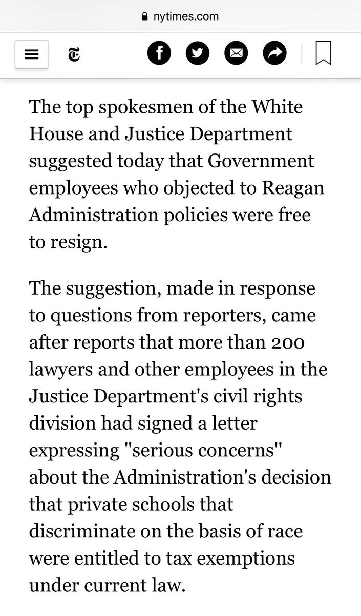 The new President would not forget their support. Less than a year into his Administration, Reagan officials pressed the IRS to drop its campaign to desegregate private schools.   https://www.nytimes.com/1982/02/04/us/justice-dept-says-dissidents-are-welcome-to-leave-jobs.html