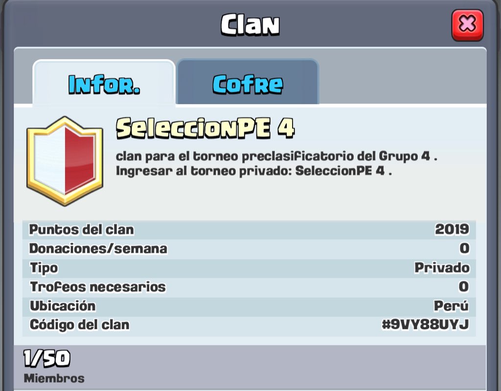 SeleccionPE's tweet photo. Torneos empiezan 7pm:

Grupo1 al clan SeleccionPE 1 y entrar al torneo 
Grupo2 al clan SeleccionPE 2 y entrar al torneo
Grupo3 al clan SeleccionPE 3 y entrar al torneo
Grupo4 al clan SeleccionPE 4 y entrar al torneo https://t.co/PiU6dZOOyj