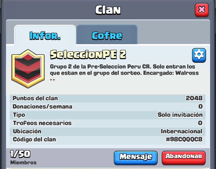 SeleccionPE's tweet photo. Torneos empiezan 7pm:

Grupo1 al clan SeleccionPE 1 y entrar al torneo 
Grupo2 al clan SeleccionPE 2 y entrar al torneo
Grupo3 al clan SeleccionPE 3 y entrar al torneo
Grupo4 al clan SeleccionPE 4 y entrar al torneo https://t.co/PiU6dZOOyj