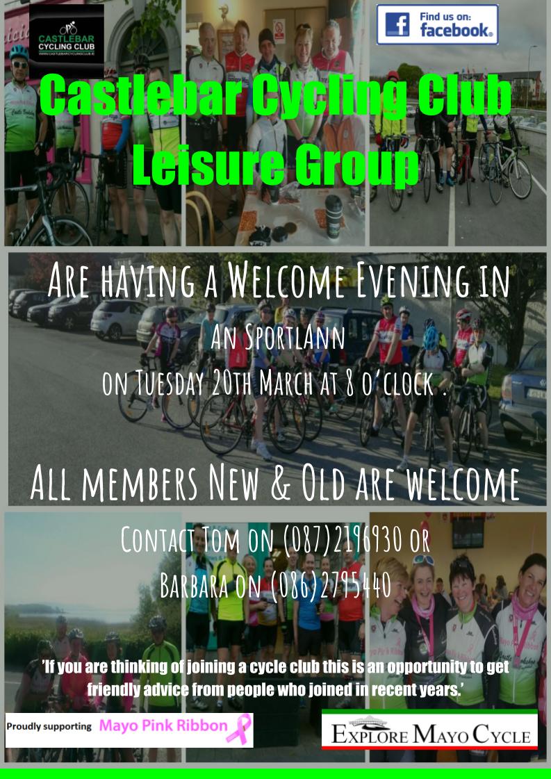 Our Leisure Group are having a Welcome Evening on Tuesday 20th March. A great chance for old and new members to meet for a chat. Hope to see you there 🚵☕🚵☕