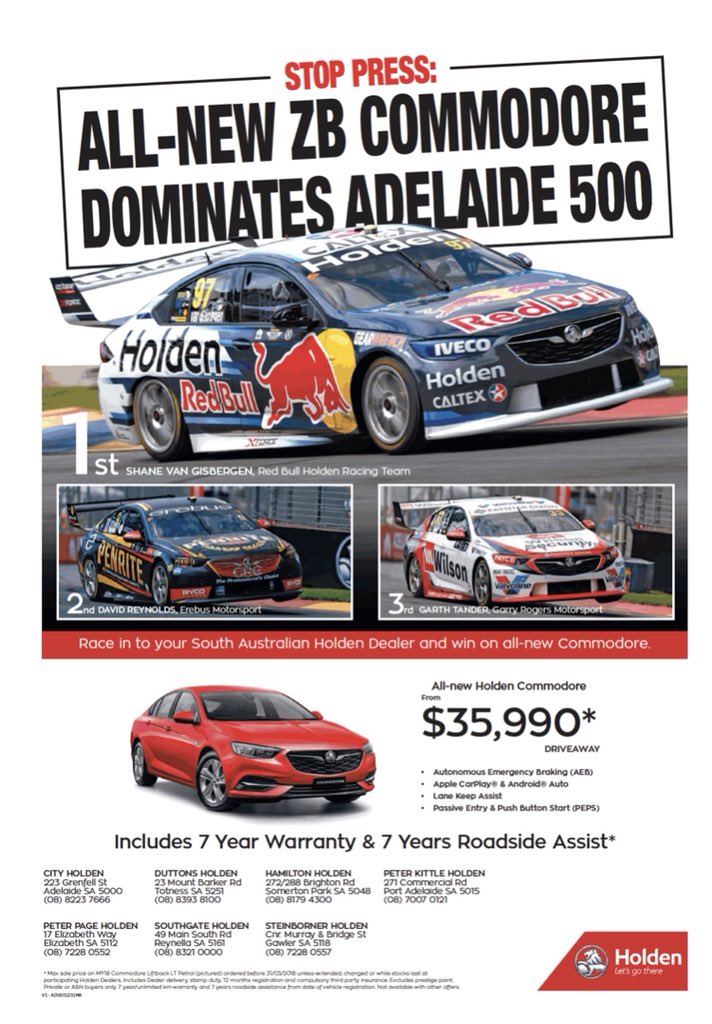 HoldenMsport's tweet photo. Look what’s in today’s @theTiser - @southaustralia’s Holden dealers using their @Adelaide_500 success. Well done!!
#VASC #WinOnSunday #SellOnMonday https://t.co/TYMQxiSj2D