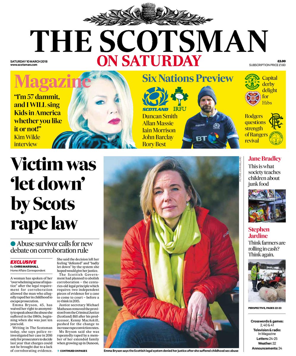 Scotsgivingback's tweet photo. Tomorrow's @theScotsman on Saturday front page: "Victim was ‘let down’ by Scots rape law" #BBCpapers #Buyapaper https://t.co/1aNUPUXkdt