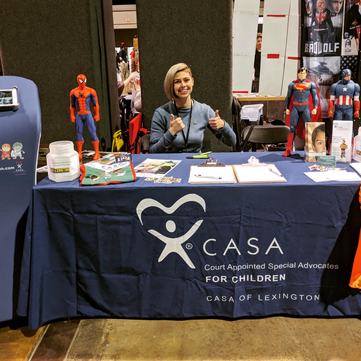 CASAofLexington's tweet photo. we'll be at @lexingtoncomiccon signing folks up for the Superhero Run until Sunday! come say hi!!! #lexingtoncomiccon #lexcomiccon #superherorun https://t.co/UrwxGtV2ru