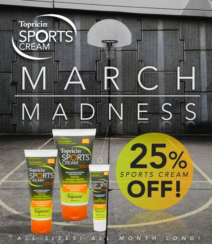 Topricin's tweet photo. 25% off Topricin Sports Cream order, with code: SCMARCH at checkout!
Shop link: https://t.co/NweYITc1q2
#topricin #topricinsportscream #sportscream #fitness #marchmadness #basketball #springfun #FitnessGoals #painmanagement https://t.co/zalyeX7BDW