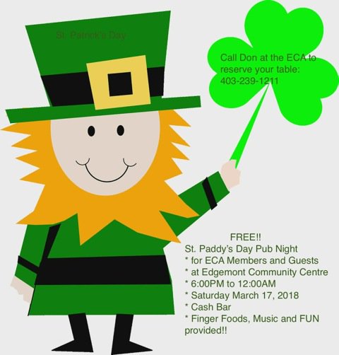 EdgemontCA's tweet photo. Free St. Patrick's Day Party!!
Saturday March 17th at the Edgemont Community Centre.
Buy a membership, stay for the party!
Food, Music, Cash Bar.
Call Don at 403-239-1211 to RSVP
#EdgemontYYC
#ILoveEdgemont https://t.co/pZPaycRqzV