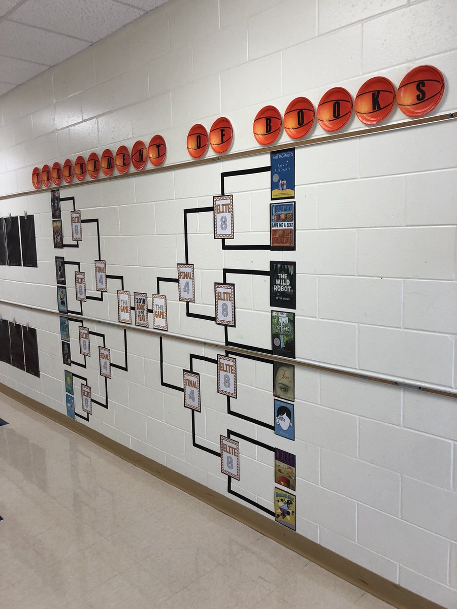 Our “March Madness Tournament of Books” we get up today. @Mrs_Ditslear and I found out it was more difficult to set up than we thought, but it came out great. We can’t wait for the kids to see it! #Sweet16 #TournamentOfBooks @CESWildcats