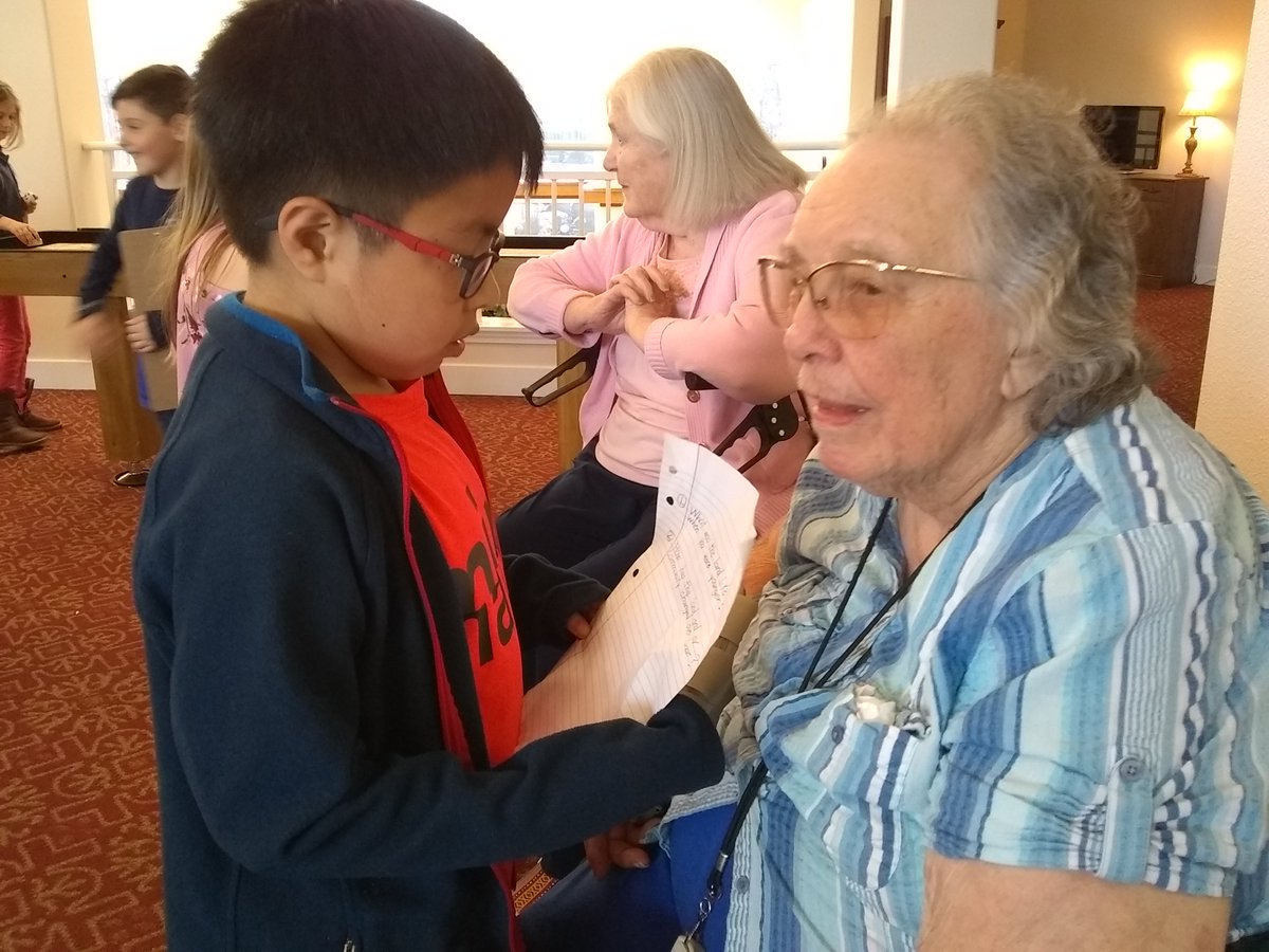 CallahanVillAD's tweet photo. Today was a Friday that we got to enjoy our 3rd grade friends from Hucrest Elementary School. The children are learning about the community so they were "reporters" who asked residents questions about their childhood. @Callahanvillage  #FrontierCulture #intergenerationaldialogue https://t.co/6opJo9oilR