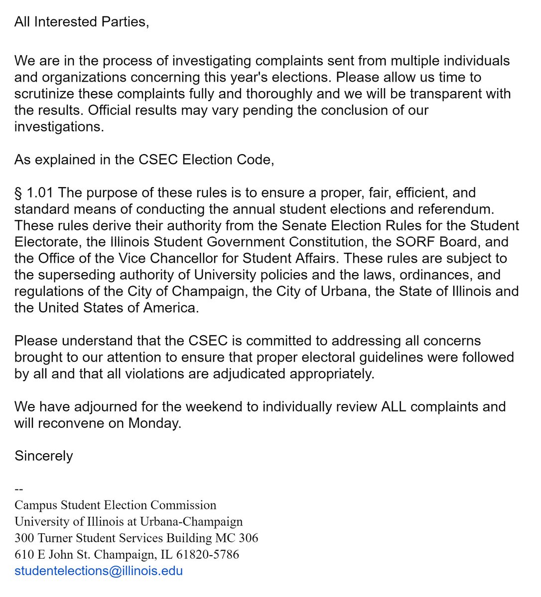 An update from Campus Student Elections Commission (CSEC) about the <a href="/Illinois_Alma/">University of Illinois</a> student election. We are still waiting until Monday for the results of the referendum vote. Meanwhile, we thank all of our supporters for their incredible efforts over the past several weeks!