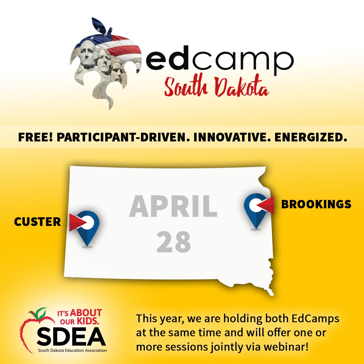 SDEAEducators's tweet photo. EdCamps are free and open to all educators! Breakfast and lunch are provided so pack a laptop or tablet, ask a fellow educator to tag along and join us at one of two EdCamps! 
More Info: https://t.co/JlGwILLa7R https://t.co/c90Z2aWSYS
