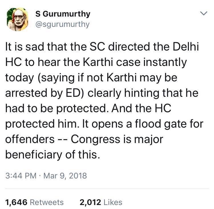 #JusticeMuralidhar who decided #Karthi’s petition today was a junior under #PChidambaram

The #corruptdeepstate, #congressecosystem comprising lawyers, journos, babus, Lutyens' power brokers, always strikes back.