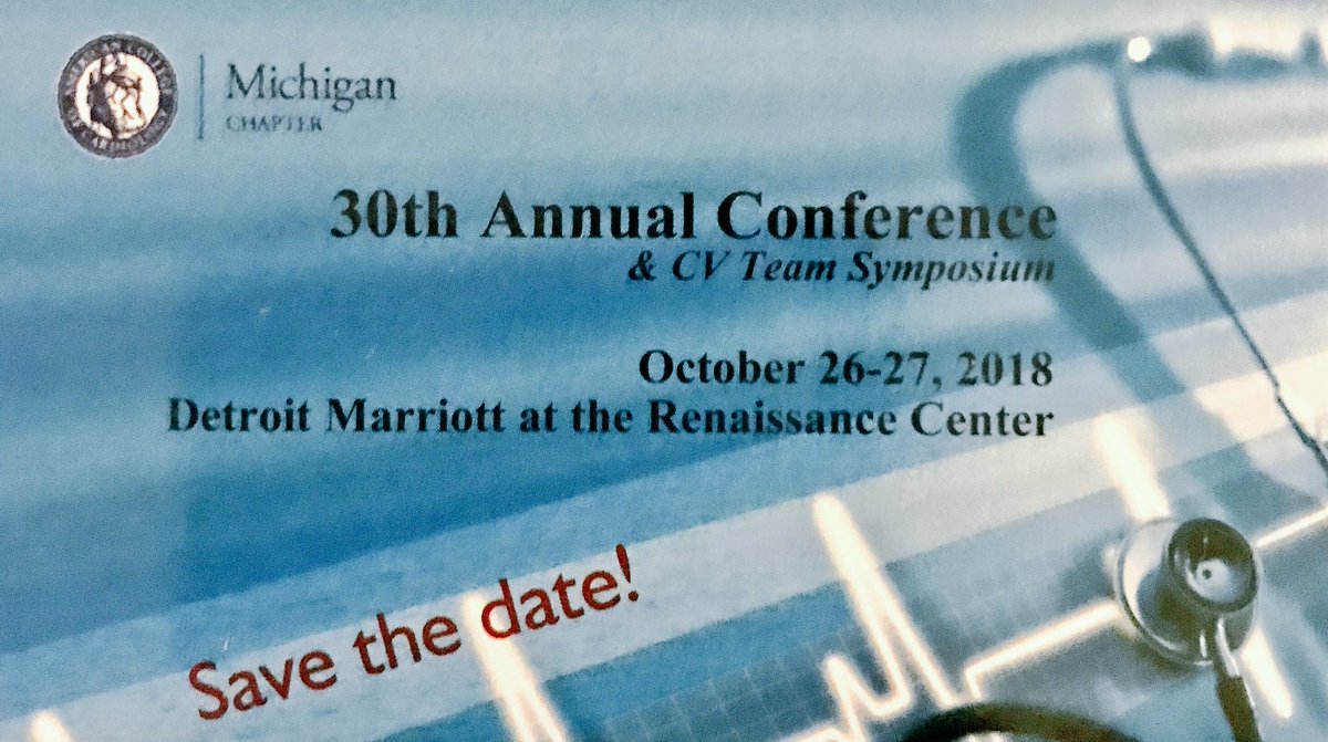 Save the date! @MichiganACC chapter mtg Oct 26-27 2018 in Detroit @ACCCardioEd #ACC18 @wohnsmd @dkbusman @ClaireDuvernoy @drjkahn @bnallamo @venkmurthy @keaglemd @BillONeillMD @g2wym @AdamGreenbaumMD @KAlaswadMD @drladyheart @chadialraies @MartyTamMD @SaggerMawri @AnwarZaitoun