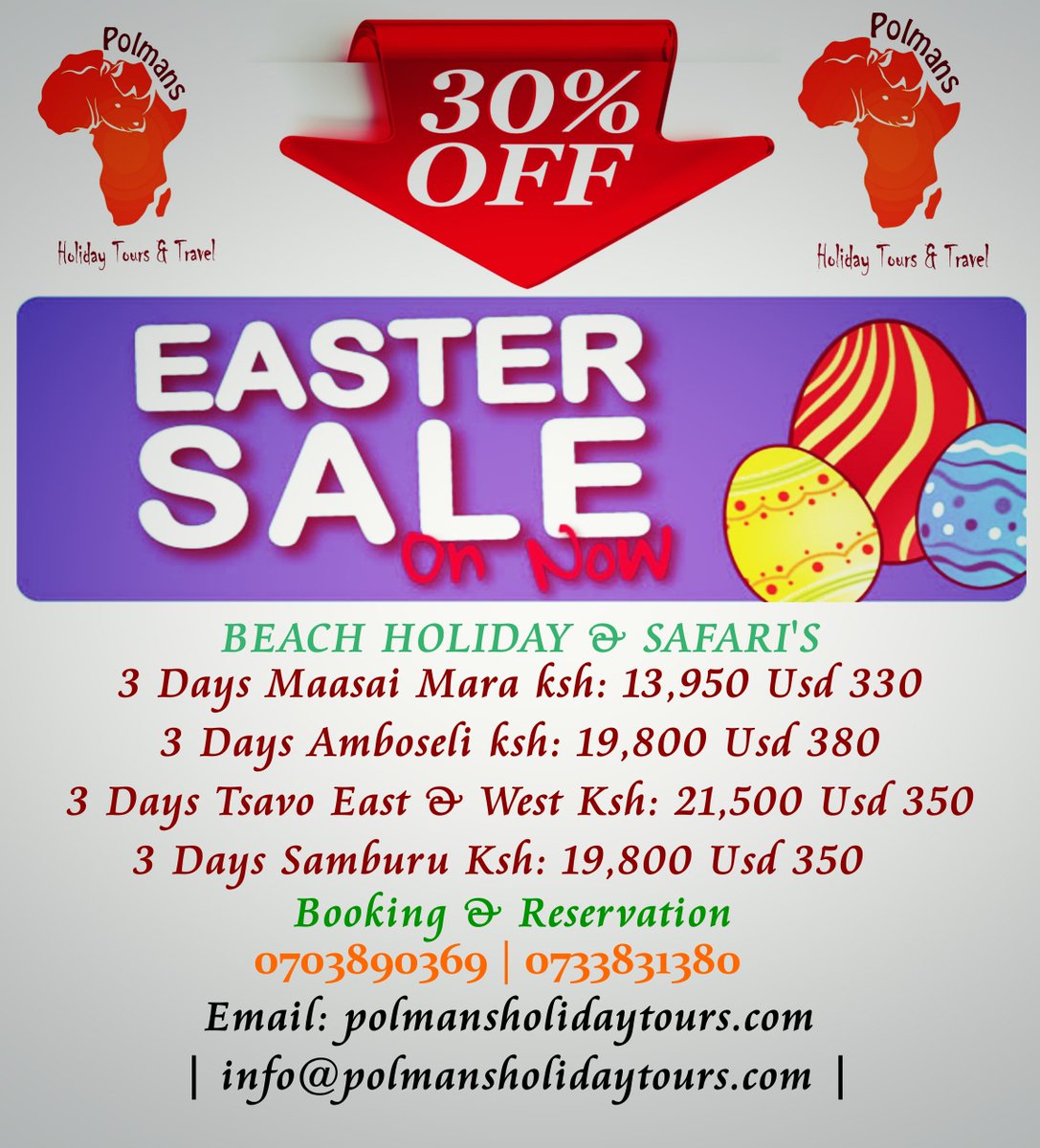 PolmansTours's tweet photo. Easter Holiday Deals #TembeakenyaNaSISI #TembeaKenya #UhuruRailaTalks #AAYA2018 @PresidentKE https://t.co/HNWalQ1Niy