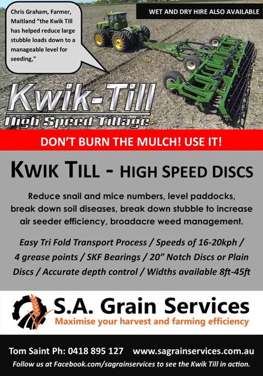 SAGrainServices's tweet photo. KWiK TILL - Wet hire $35.00/ha, Dry Hire $25.00/ha.  Ph: Tom 0418 895 127 #kwiktill #highspeeddiscs #yphire https://t.co/O2o8ifrtd0