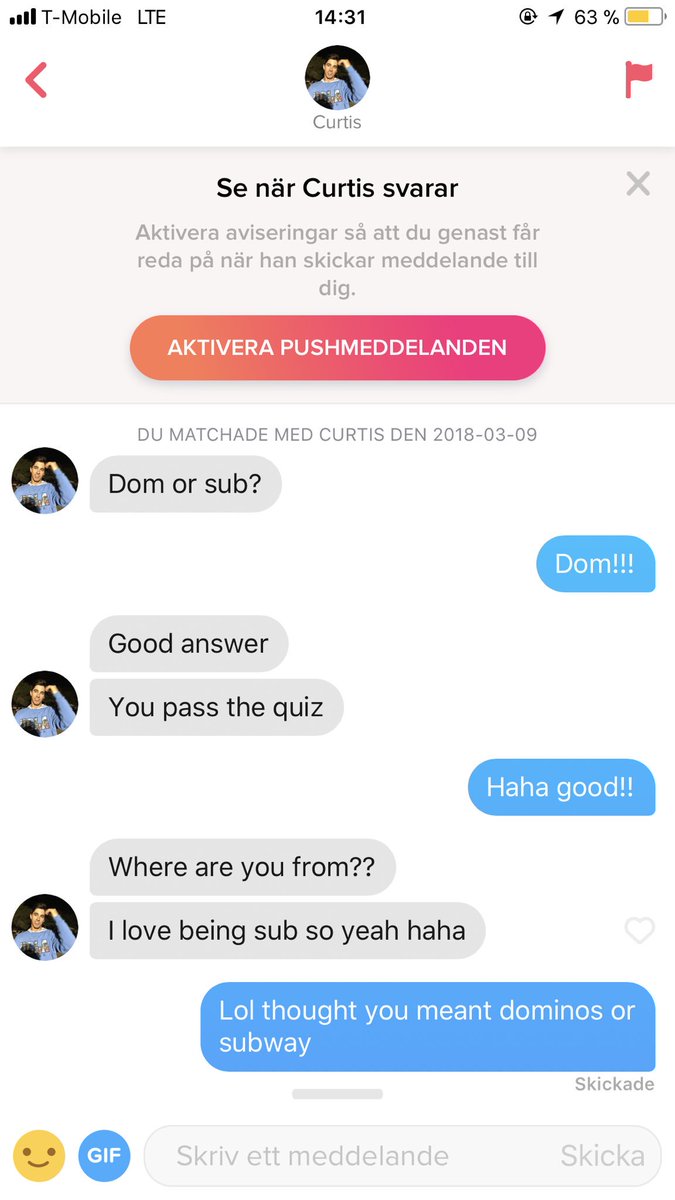 JBarfoed's tweet photo. Älskar tinder i USA. Misstog alltså dom or sub som dominos eller subway när äcklet egentligen menade dominant or submissive i sängen :) perfekt https://t.co/M2rt8ushE9