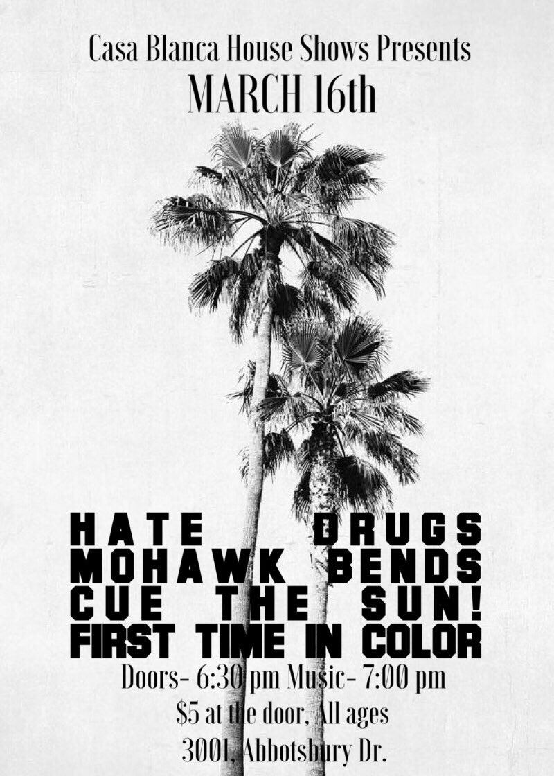 MohawkBendsTX's tweet image. AUSTIN, TX...MARCH 16TH WITH OUR GOOD BUDS @thehatedrugs, @cuethesunband &amp;amp; @1stTimeInColor. ALL AGES 🌴🌴🌴.