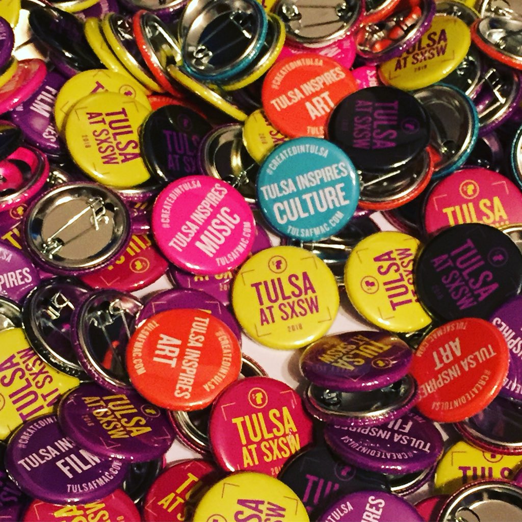 TulsaFMAC's tweet photo. Loving our new buttons thanks to the design genius of #MeghanGarrettDesigns and button maker @UmbrellaButton! We’re ready for #SXSW! #ButtonLove #Swag #Branding #CreatedInTulsa #TulsaInspires #TulsaFMAC #Tulsa https://t.co/2lDOAtc1kl