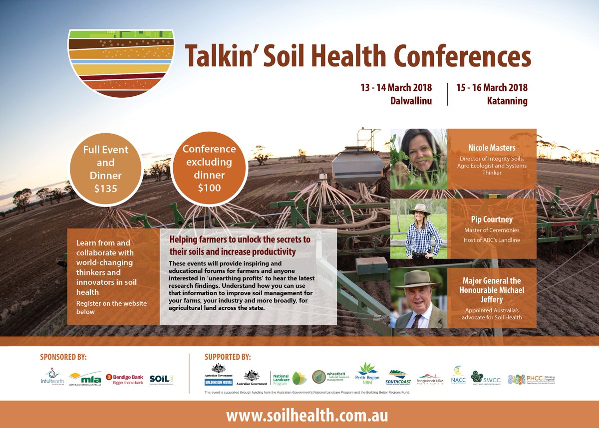 Wheatbeltnrm's tweet image. If you&apos;re an #agstudent who would love to learn the very latest on soil technology and research, book now at soilhealth.com.au for the Dalwallinu Talkin&apos; Soil Health conference 13 March - only $59 (exc dinner) #awesomespeakers #tsh18