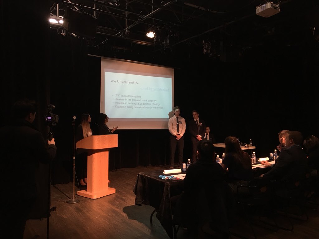 SFUSMA's tweet photo. First team out of our three finalists to present is Supreme Consulting. Their main focus is on millennials and offering free products with purchases. @PepsiCo #SMACKDOWN2018 https://t.co/R3s99LLRn6