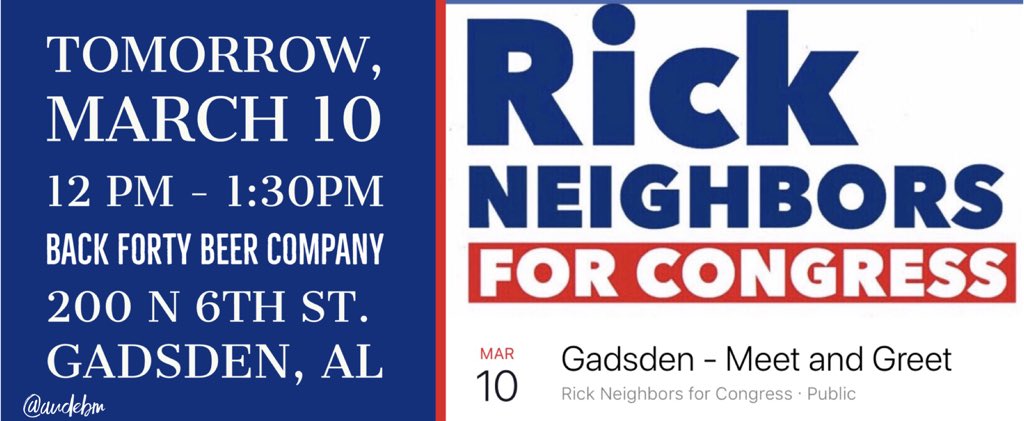 AUdebm's tweet photo. 🤝 Etowah County come out to meet Rick Neighbors ▶️Tomorrow 3/10.

@VoteRick2018 for U.S. Congress in my district ➡️ #AL04

Come join the #Neighborhood 
“It’s time for Neighbors to help Neighbors make the difference AL needs.”

#BlueWave2018 #ALDems #FlipItBlue #FridayFeeling https://t.co/3PaJa4ZPHo