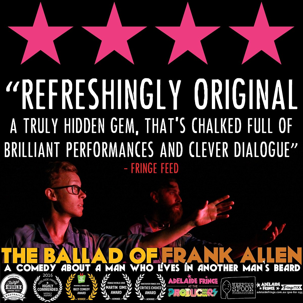 #Adelaide TONIGHT is your last chance to see #TheBalladOfFrankAllen at @ProducersFringe. Tickets on sale through adelaidefringe.com.au or at the door!

#ADLfringe #ProducersBar #AwardWinning #Beard #Comedy #SciFi #BuddyComedy #Fringe #Theatre #IndyTheatre