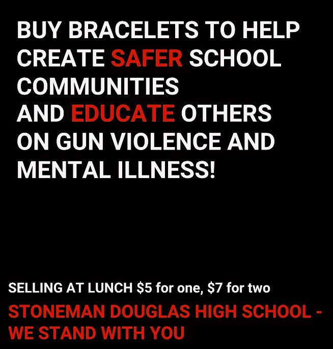 sydtracey's tweet photo. NEXT WEEK I am selling bracelets to honor the lives lost at the Stoneman Douglas High School shooting. All proceeds go to the Sandy Hook Promise. If you want to help create a safer school environment for everyone, BUY BRACELETS❤️🖤 dm me with questions :) https://t.co/eFRNEbWfWd