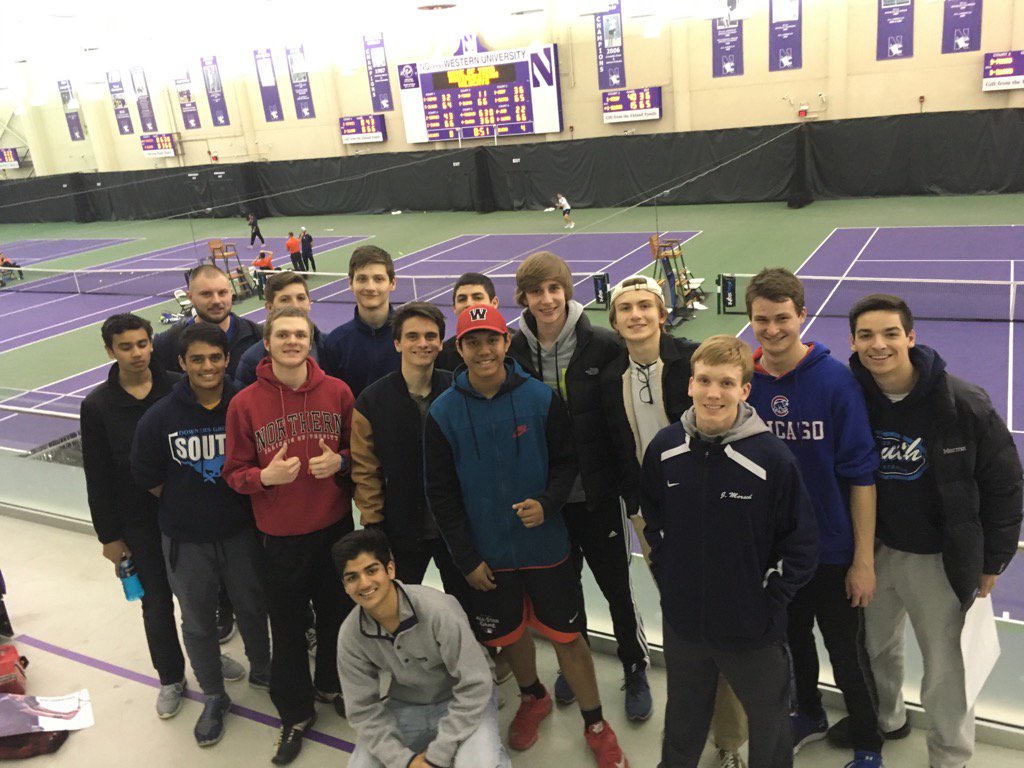 DGSTennis's tweet photo. A little teambuilding on a Friday night at the Northwestern vs. University of Illinois match. #TEAMFirst https://t.co/YfxDNbsAXz