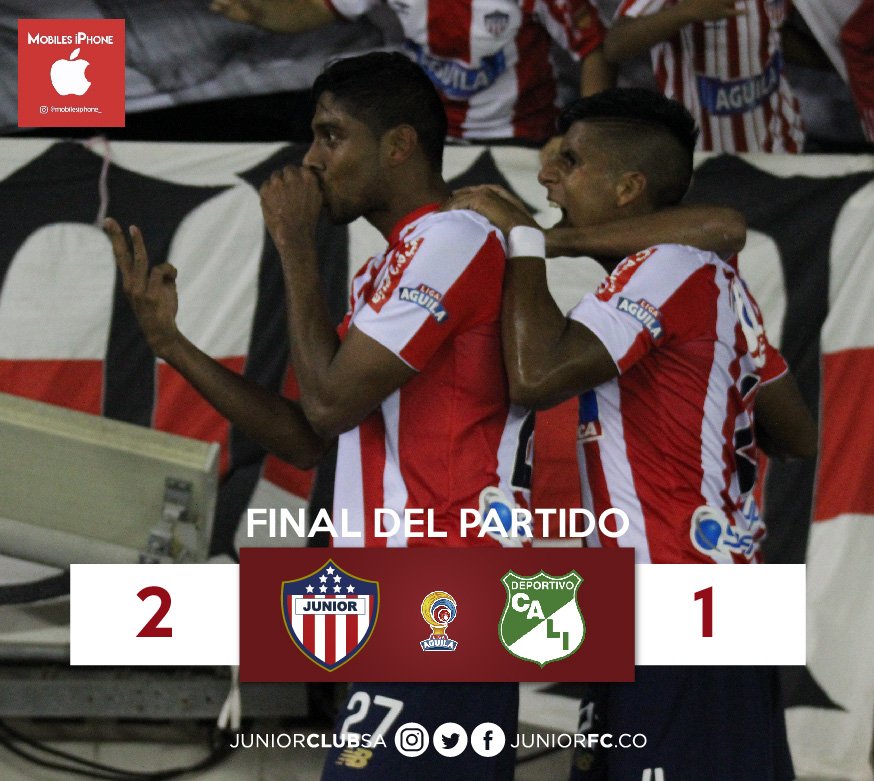 JuniorClubSA's tweet photo. ¡FINAAAAAAAL, GANÓ TU PAPÁ!
@JuniorClubSA 2 - 1 @AsoDeporCali 
#LigaAguila
#JuniorTuPapá
#VamosJunior🔴⚪🔵 https://t.co/Fnsc6JDPqp