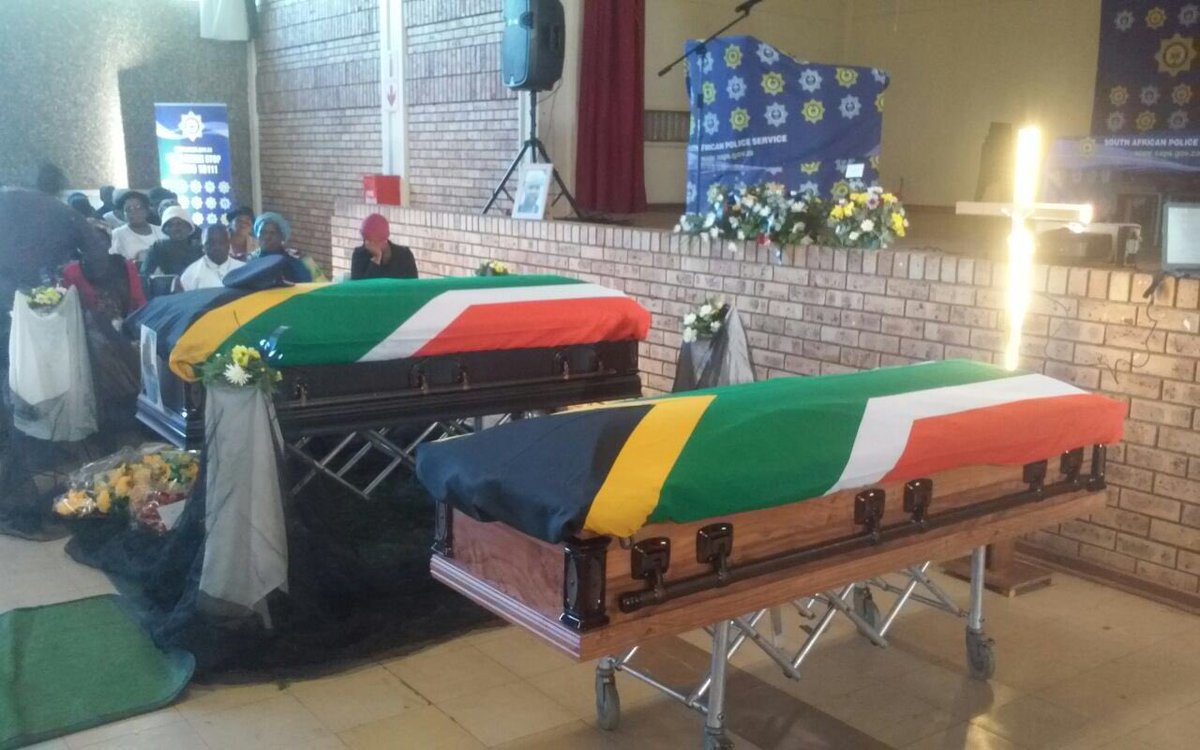 SAPoliceService's tweet photo. #sapsNW Today, 3 police officials who died in Eastern Cape at #Engcobo on 27/02 are being laid to rest. The funeral of two of the three police officials Sgt Tokotshane and Cost Tawo is taking place in Taung. While Const Kodisang's funeral is in Madibogo RIP #FinalSalute ME https://t.co/wYSVMpx8Gd