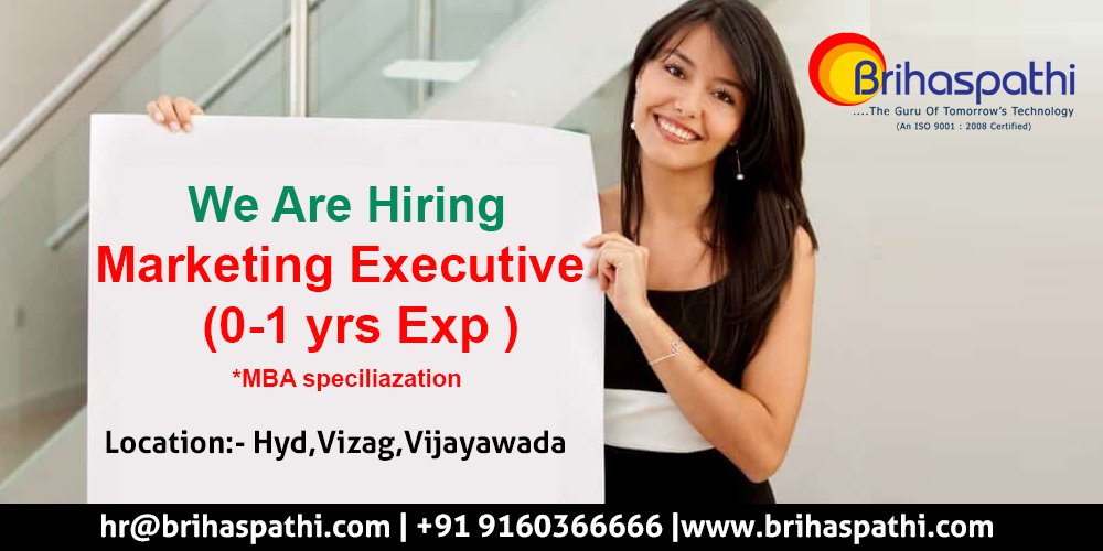 Srivani_Magic's tweet photo. We are #Hiring #Marketing #Executive  
MBA specialization!!! 0-1 years Exp
 Locations: #Hyderabad, #Vizag, #Vijayawada anyone interested Call Us:9177999960
OR updated resume send to hra@brihaspathi.com
https://t.co/nzk69688Jp https://t.co/CK3WqfXyXw
