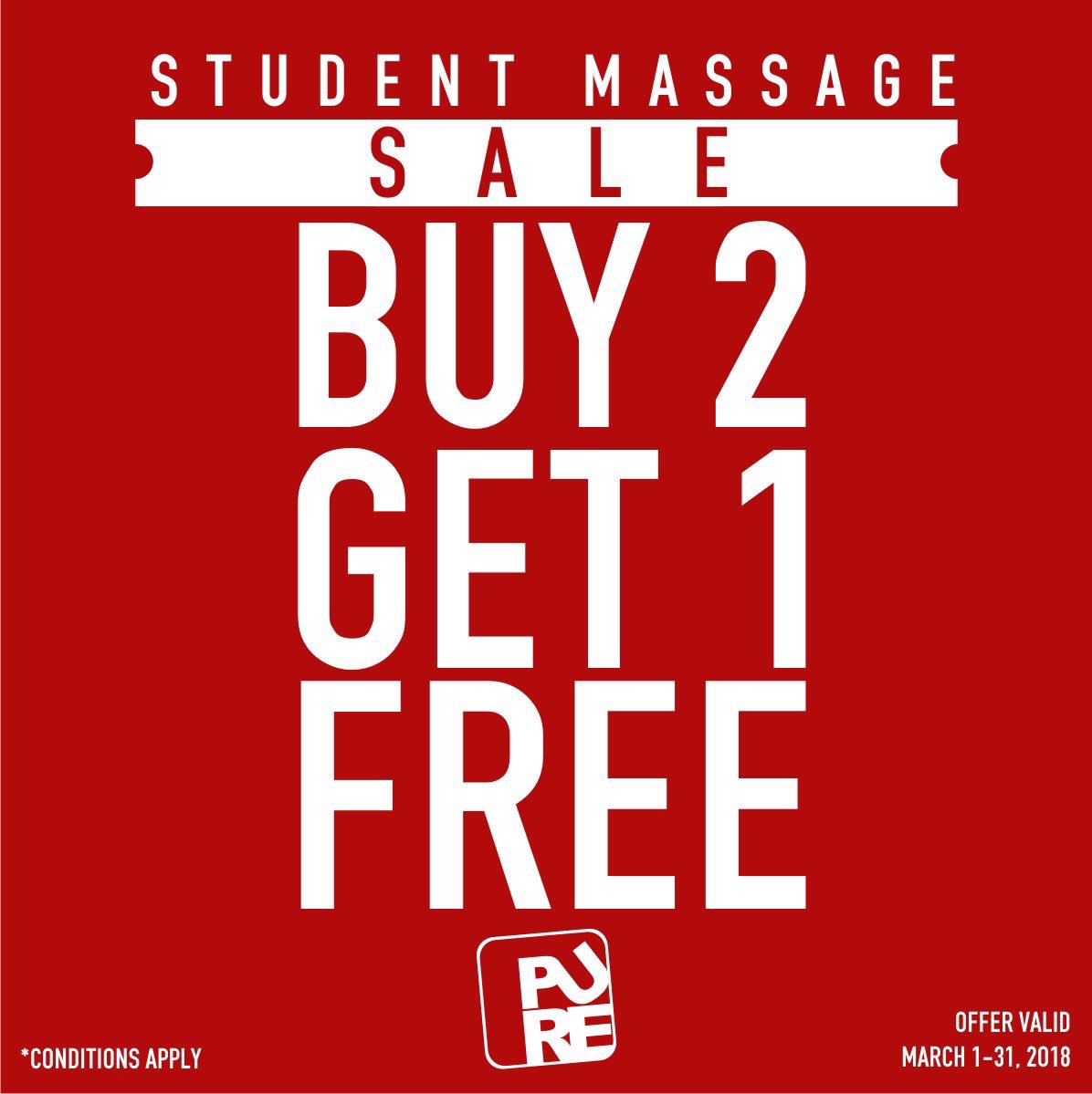 They say good things come in threes, and we couldn’t agree more. That’s why we’re giving you your third massage FREE!
​
When you purchase two 60-minute or 90-minute Student Massage Therapist sessions you get ONE FREE! 

For more details visit:
purewellnessstudio.net/studentmassage…